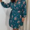 CurveWow Tie Waist Shirt Mini Dress Teal Floral