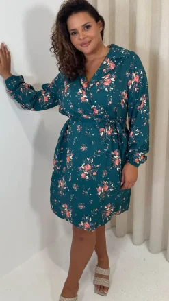 CurveWow Tie Waist Shirt Mini Dress Teal Floral
