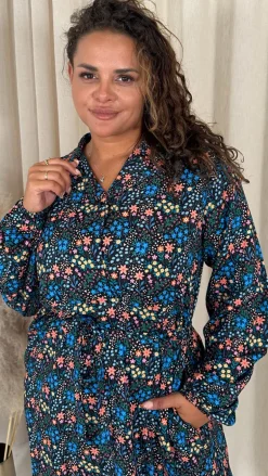 CurveWow Tie Waist Shirt Mini Dress Multi Floral