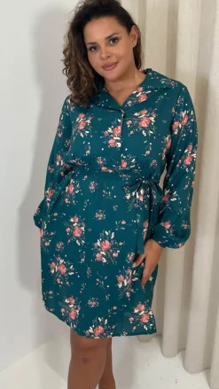 CurveWow Tie Waist Shirt Mini Dress Teal Floral