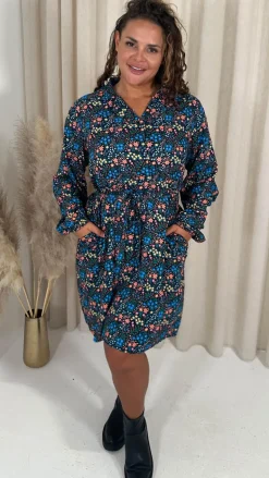 CurveWow Tie Waist Shirt Mini Dress Multi Floral