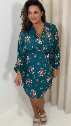 CurveWow Tie Waist Shirt Mini Dress Teal Floral