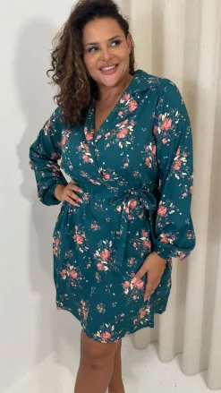 CurveWow Tie Waist Shirt Mini Dress Teal Floral