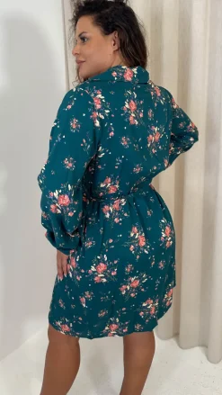 CurveWow Tie Waist Shirt Mini Dress Teal Floral