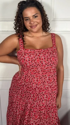 CurveWow Tiered Cami Dress Red Ditsy