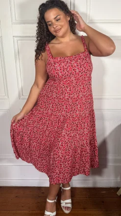 CurveWow Tiered Cami Dress Red Ditsy