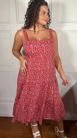 CurveWow Tiered Cami Dress Red Ditsy