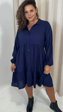 CurveWow Tiered Cargo Shirt Dress Navy