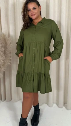 CurveWow Tiered Cargo Shirt Dress Khaki