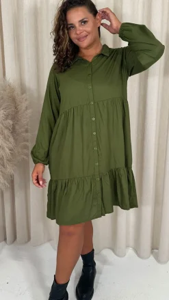 CurveWow Tiered Cargo Shirt Dress Khaki