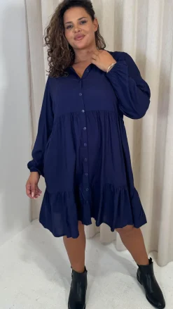 CurveWow Tiered Cargo Shirt Dress Navy