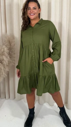 CurveWow Tiered Cargo Shirt Dress Khaki
