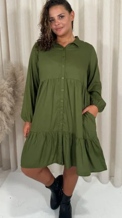CurveWow Tiered Cargo Shirt Dress Khaki