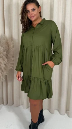 CurveWow Tiered Cargo Shirt Dress Khaki