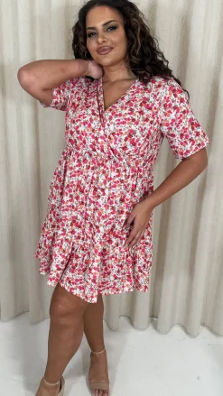 CurveWow Tiered Hem Wrap Dress Pink Multi Ditsy