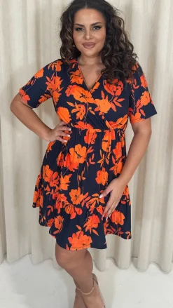 CurveWow Tiered Hem Wrap Dress Navy Orange Floral