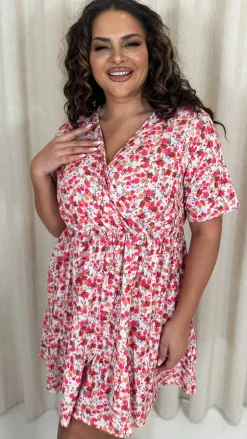 CurveWow Tiered Hem Wrap Dress Pink Multi Ditsy