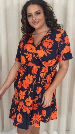 CurveWow Tiered Hem Wrap Dress Navy Orange Floral