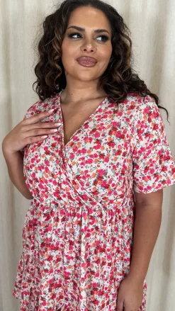 CurveWow Tiered Hem Wrap Dress Pink Multi Ditsy