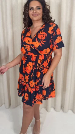 CurveWow Tiered Hem Wrap Dress Navy Orange Floral