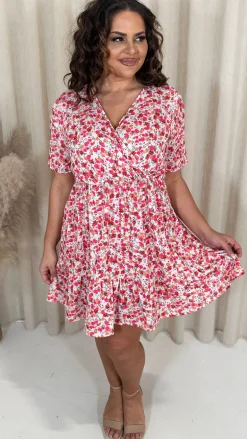 CurveWow Tiered Hem Wrap Dress Pink Multi Ditsy