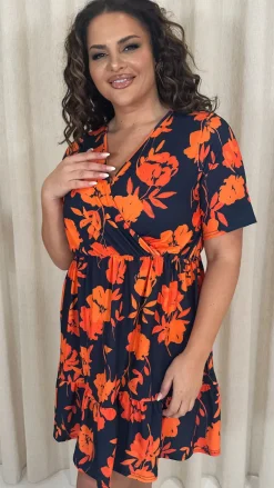 CurveWow Tiered Hem Wrap Dress Navy Orange Floral