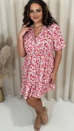 CurveWow Tiered Hem Wrap Dress Pink Multi Ditsy