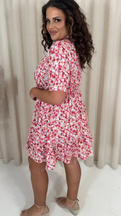 CurveWow Tiered Hem Wrap Dress Pink Multi Ditsy