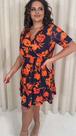 CurveWow Tiered Hem Wrap Dress Navy Orange Floral