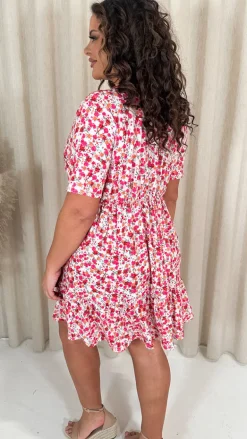 CurveWow Tiered Hem Wrap Dress Pink Multi Ditsy