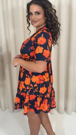 CurveWow Tiered Hem Wrap Dress Navy Orange Floral