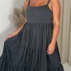 CurveWow Tiered Maxi Dress Charcoal Grey