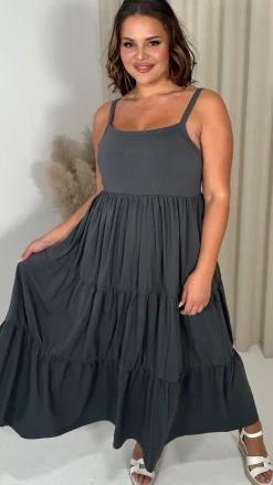CurveWow Tiered Maxi Dress Charcoal Grey