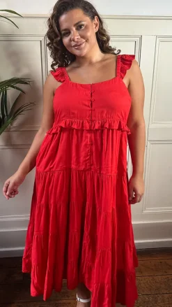 CurveWow Tiered Maxi Dress Red