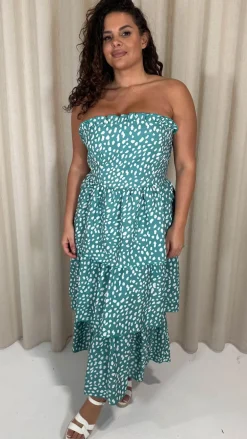CurveWow Tiered Maxi Dress Green Smudge