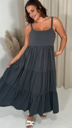 CurveWow Tiered Maxi Dress Charcoal Grey