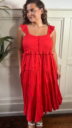 CurveWow Tiered Maxi Dress Red