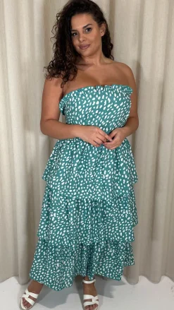 CurveWow Tiered Maxi Dress Green Smudge