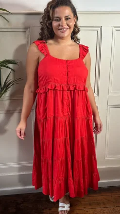 CurveWow Tiered Maxi Dress Red