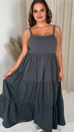 CurveWow Tiered Maxi Dress Charcoal Grey