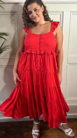 CurveWow Tiered Maxi Dress Red