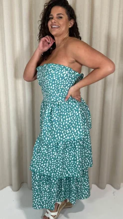 CurveWow Tiered Maxi Dress Green Smudge