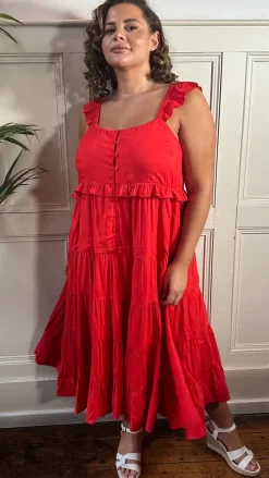 CurveWow Tiered Maxi Dress Red