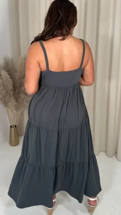 CurveWow Tiered Maxi Dress Charcoal Grey