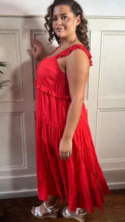 CurveWow Tiered Maxi Dress Red