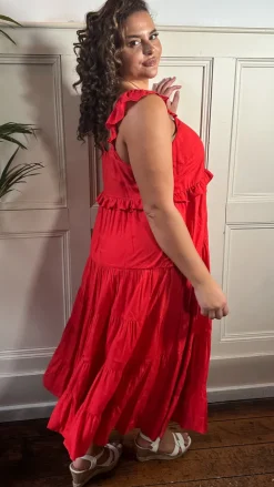 CurveWow Tiered Maxi Dress Red