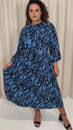 CurveWow Tiered Midaxi Dress Blue Zebra