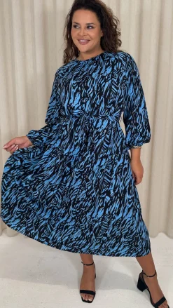 CurveWow Tiered Midaxi Dress Blue Zebra