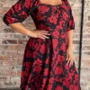 CurveWow Ubar Midi Dress Red Rose Print