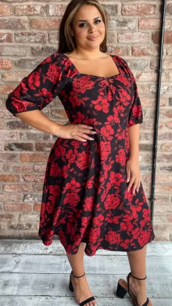 CurveWow Ubar Midi Dress Red Rose Print